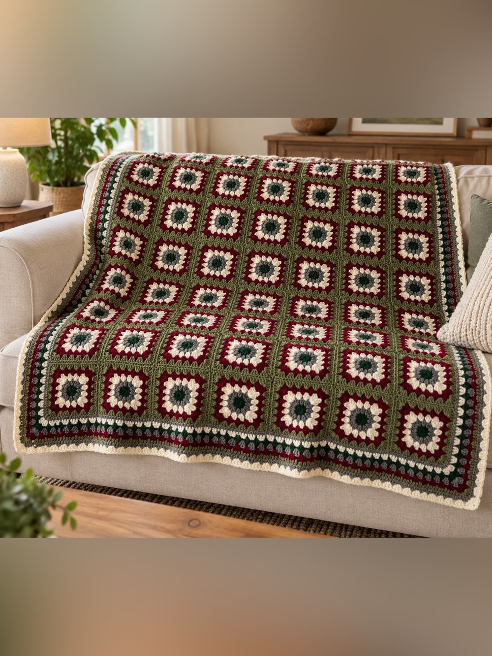 Handmade 52x52 Green and Burgundy Crochet Granny Square Throw - Home Holiday